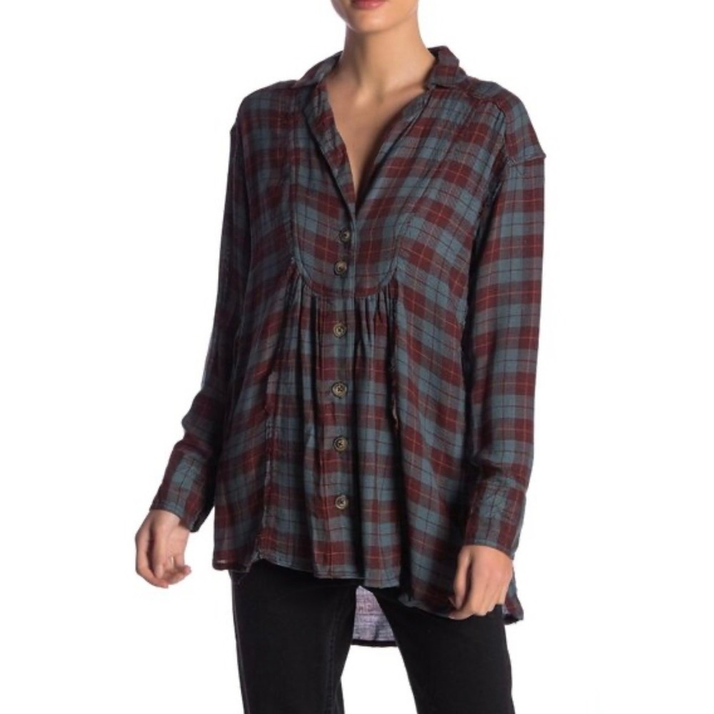 Free People All About The Feels Button Up Plaid Babydoll Shirt XS Wool Blend
